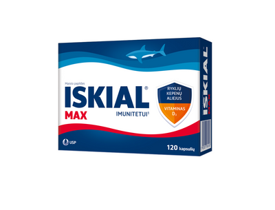 ISKIAL MAX ryklių kepenų aliejus + vitaminas D, kapsulės N120